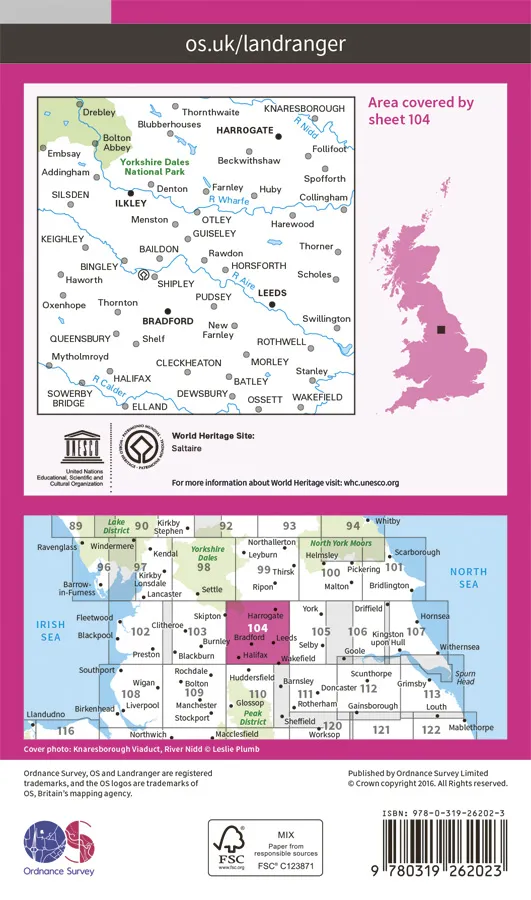 OS Landranger - 104 - Leeds & Bradford, Harrogate & Ilkley - Image 2