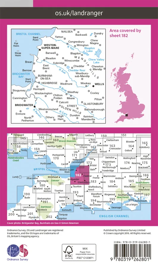 OS Landranger - 182 - Weston-super-Mare, Bridgwater & Wells - Image 2