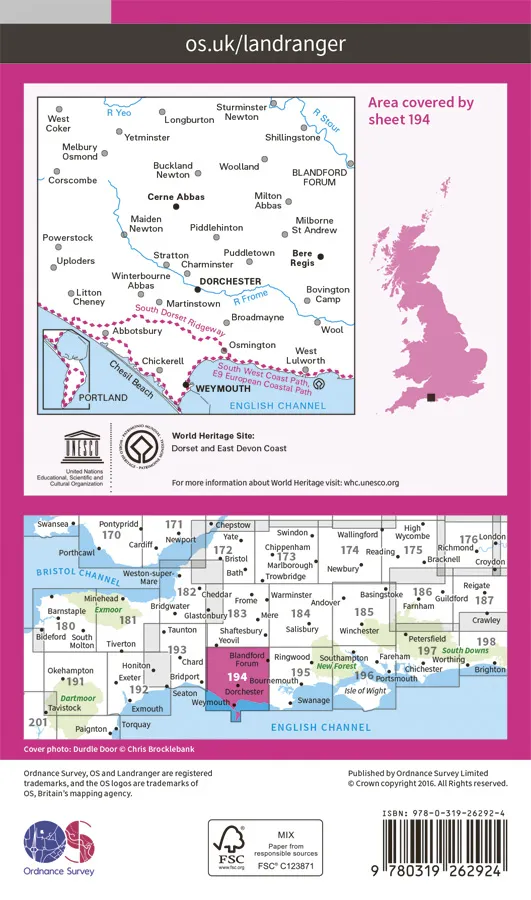 OS Landranger - 194 - Dorchester & Weymouth, Cerne Abbas & Bere Regis - Image 2