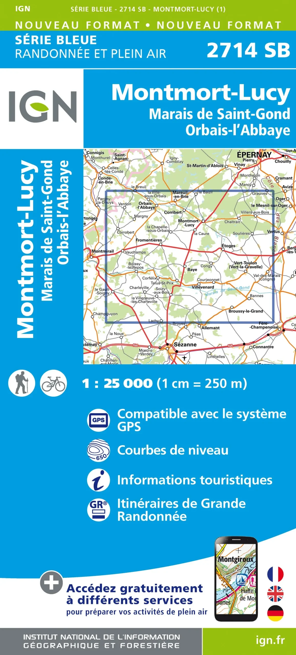 IGN Top 25 - Serie Bleu - Montmort-Lucy / Marais de St-Gond / Orbais-l'Abbaye 2714 - Image 2