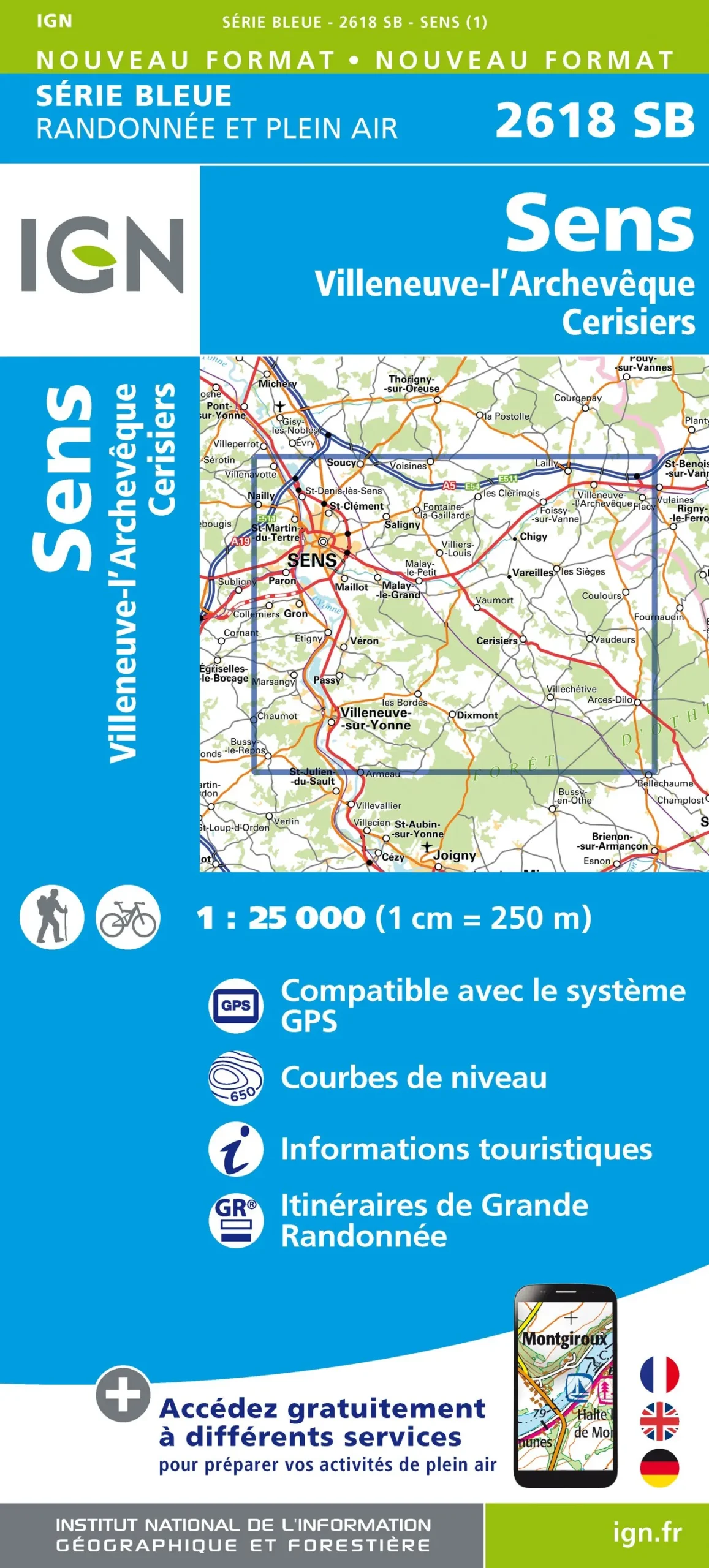 IGN Top 25 - Serie Bleu - Sens / Villeneuve-L'Archevèque / Cersiers 2618 - Image 2