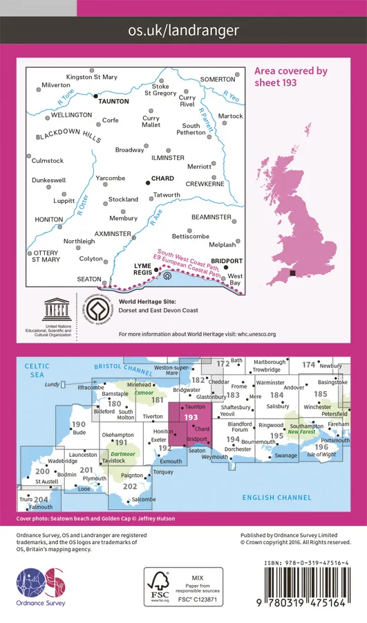 OS Landranger Active - 193 - Taunton & Lyme Regis, Chard & Bridport - Image 2