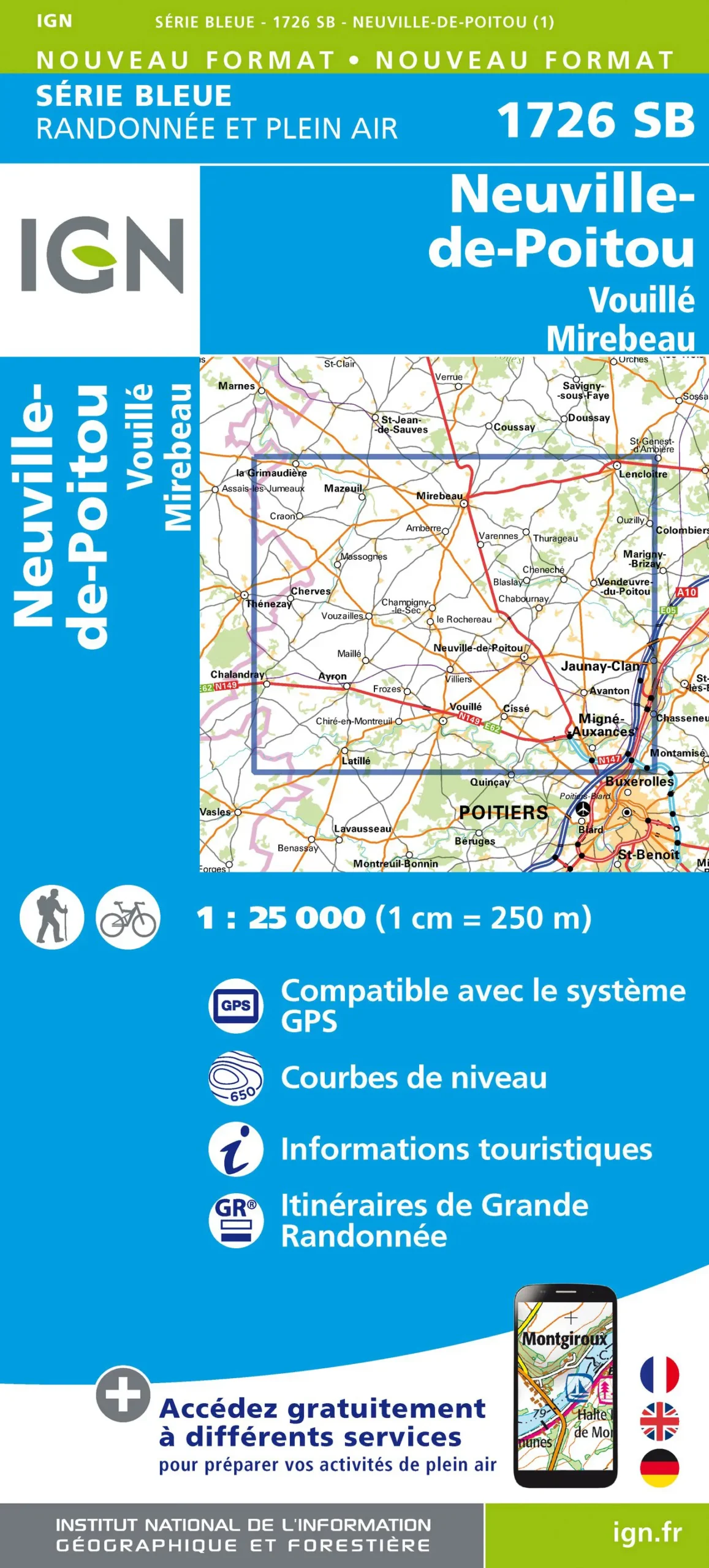 IGN Top 25 - Serie Bleu - Neuville-de-Poitou - Vouillé - Mirebeau 1726 - Image 2