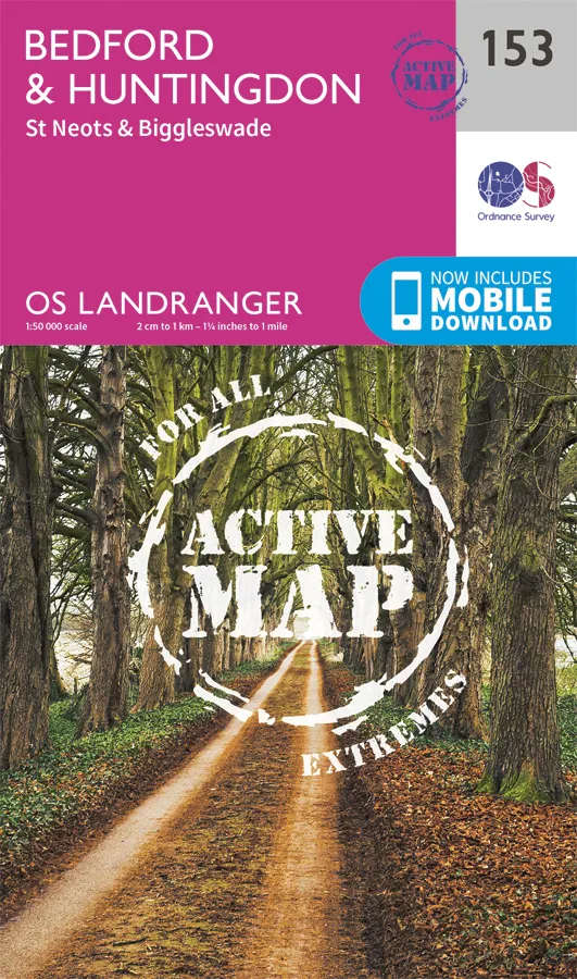 OS Landranger Active - 153 - Bedford, Huntingdon & St Neots