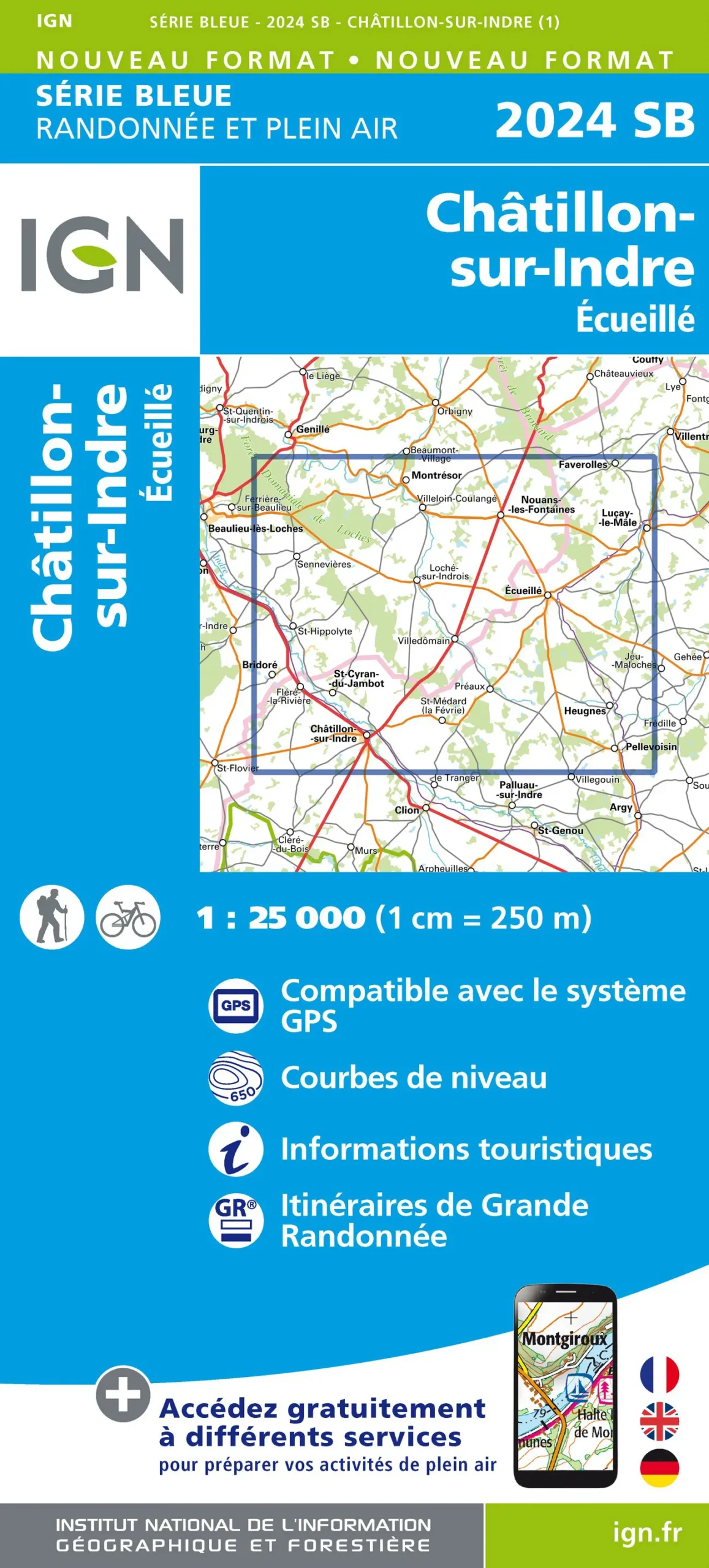 IGN Top 25 - Serie Bleu - Châtillon-sur-Indre - Ecueillé 2024
