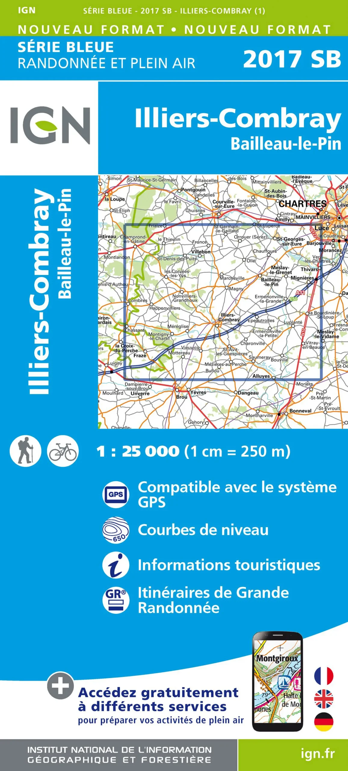 IGN Top 25 - Serie Bleu - Illiers-Combray / Bailleau-le-Pin 2017